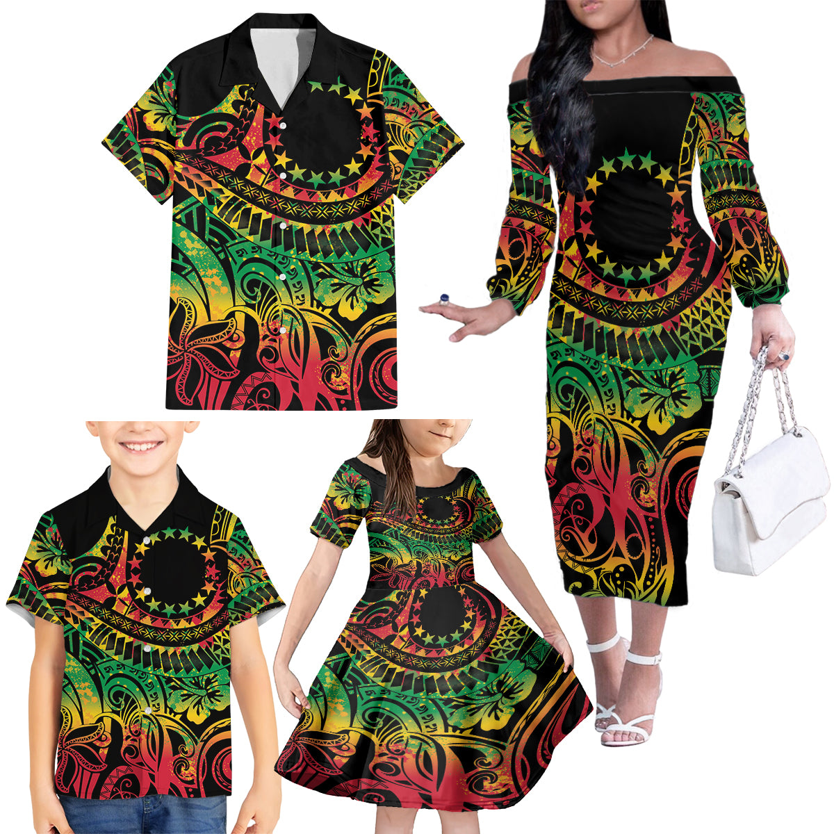 Cook Islands 15 Stars Family Matching Off The Shoulder Long Sleeve Dress and Hawaiian Shirt Kuki Airani Polynesian Tribal Wave Tattoo LT9 - Polynesian Pride