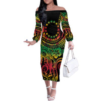 Cook Islands 15 Stars Family Matching Off The Shoulder Long Sleeve Dress and Hawaiian Shirt Kuki Airani Polynesian Tribal Wave Tattoo LT9 Mom's Dress Reggae - Polynesian Pride