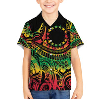Cook Islands 15 Stars Family Matching Off The Shoulder Long Sleeve Dress and Hawaiian Shirt Kuki Airani Polynesian Tribal Wave Tattoo LT9 Son's Shirt Reggae - Polynesian Pride