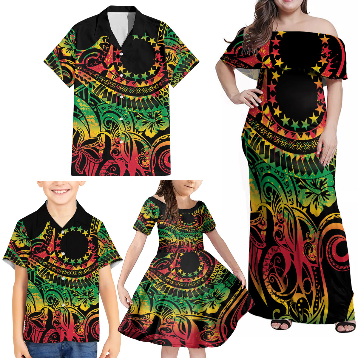 Cook Islands 15 Stars Family Matching Off Shoulder Maxi Dress and Hawaiian Shirt Kuki Airani Polynesian Tribal Wave Tattoo LT9 - Polynesian Pride