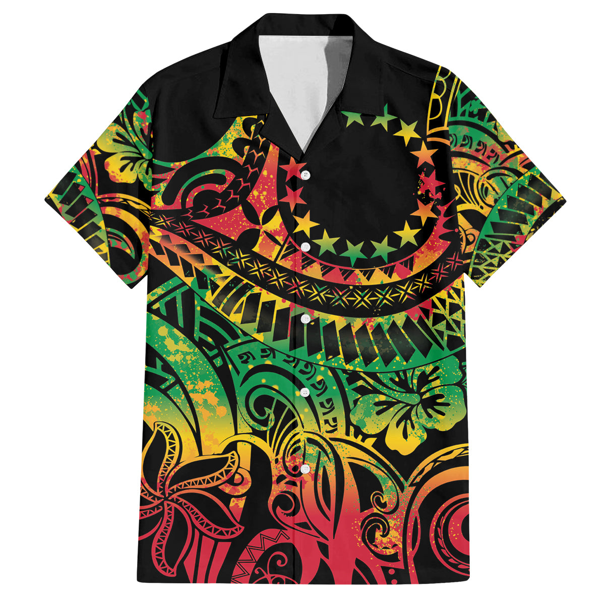 Cook Islands 15 Stars Family Matching Off Shoulder Maxi Dress and Hawaiian Shirt Kuki Airani Polynesian Tribal Wave Tattoo LT9 Dad's Shirt - Short Sleeve Reggae - Polynesian Pride