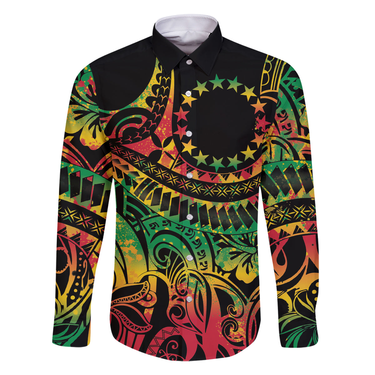 Cook Islands 15 Stars Family Matching Off Shoulder Maxi Dress and Hawaiian Shirt Kuki Airani Polynesian Tribal Wave Tattoo LT9 Dad's Shirt - Long Sleeve Reggae - Polynesian Pride