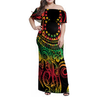 Cook Islands 15 Stars Family Matching Off Shoulder Maxi Dress and Hawaiian Shirt Kuki Airani Polynesian Tribal Wave Tattoo LT9 Mom's Dress Reggae - Polynesian Pride