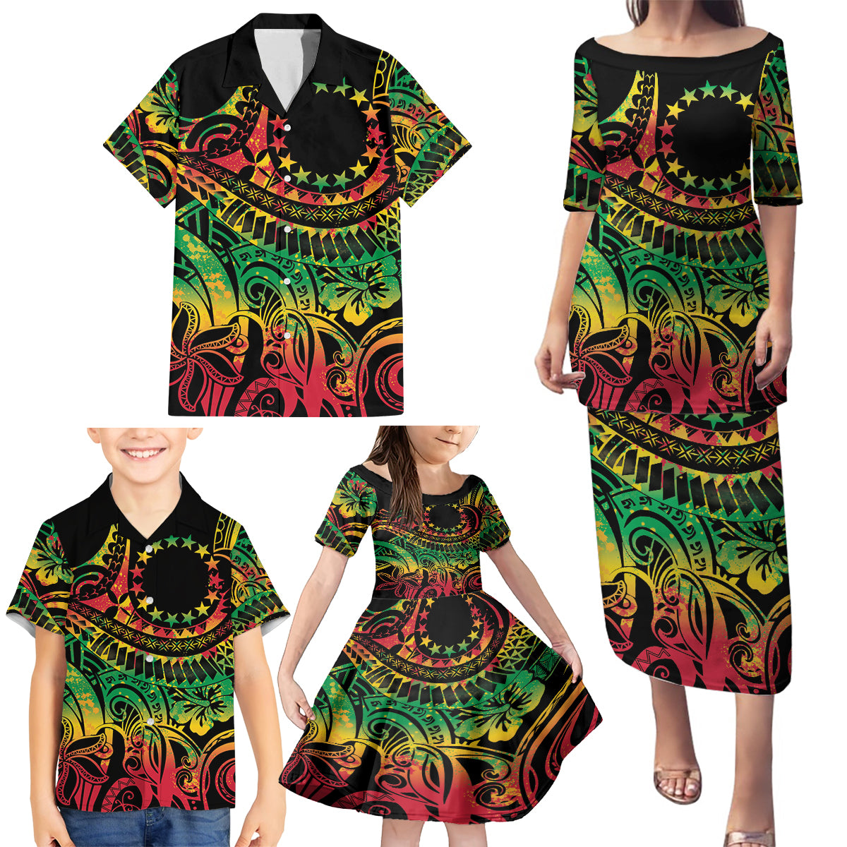 Cook Islands 15 Stars Family Matching Puletasi and Hawaiian Shirt Kuki Airani Polynesian Tribal Wave Tattoo LT9 - Polynesian Pride