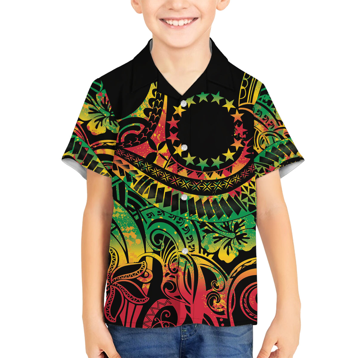 Cook Islands 15 Stars Family Matching Puletasi and Hawaiian Shirt Kuki Airani Polynesian Tribal Wave Tattoo LT9 Son's Shirt Reggae - Polynesian Pride