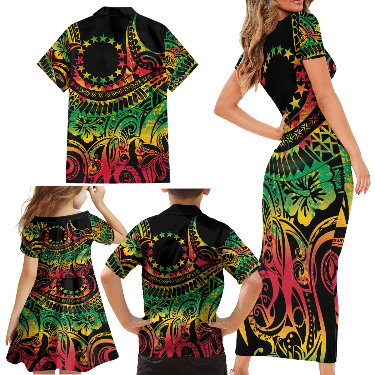 Cook Islands 15 Stars Family Matching Short Sleeve Bodycon Dress and Hawaiian Shirt Kuki Airani Polynesian Tribal Wave Tattoo LT9 - Polynesian Pride