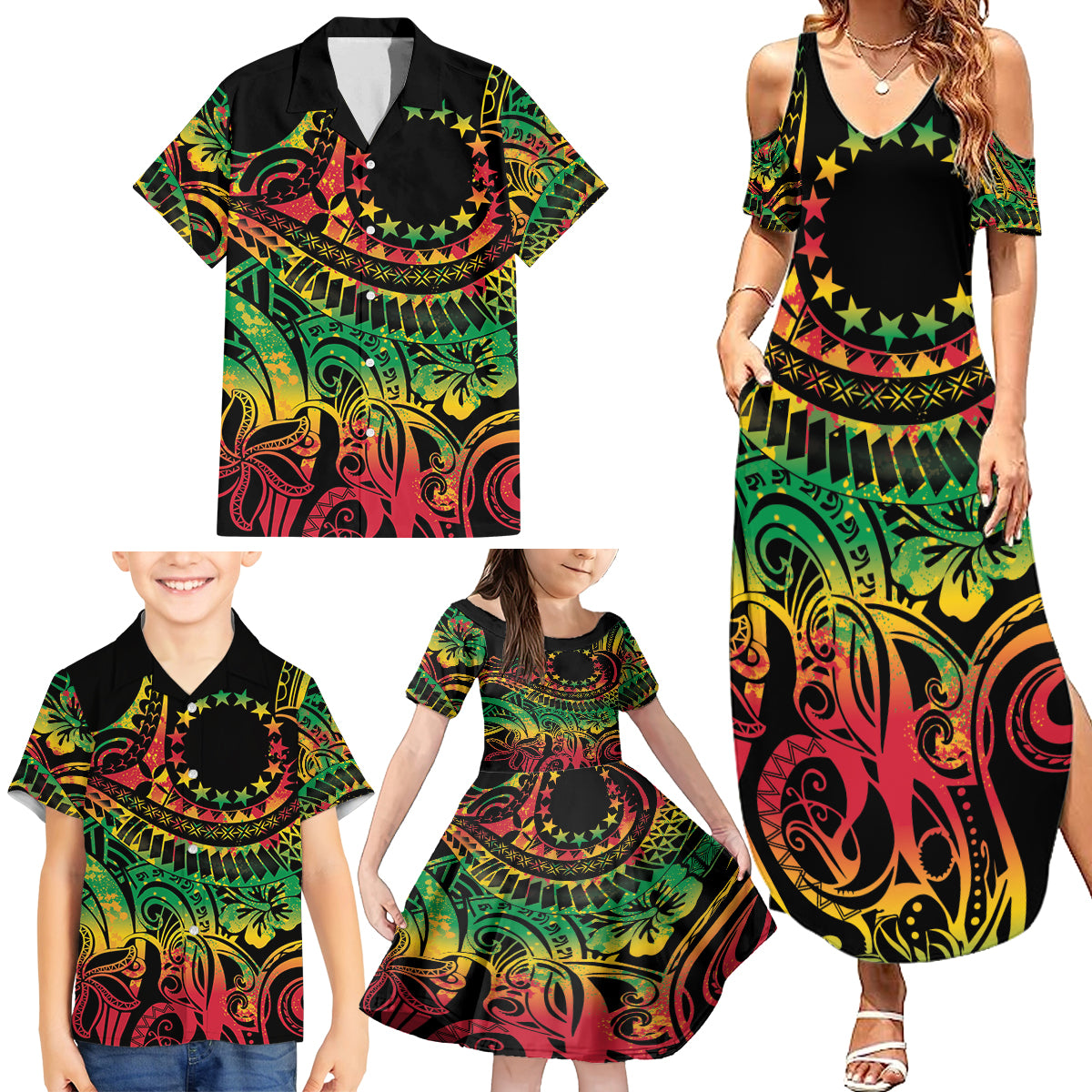 Cook Islands 15 Stars Family Matching Summer Maxi Dress and Hawaiian Shirt Kuki Airani Polynesian Tribal Wave Tattoo LT9 - Polynesian Pride