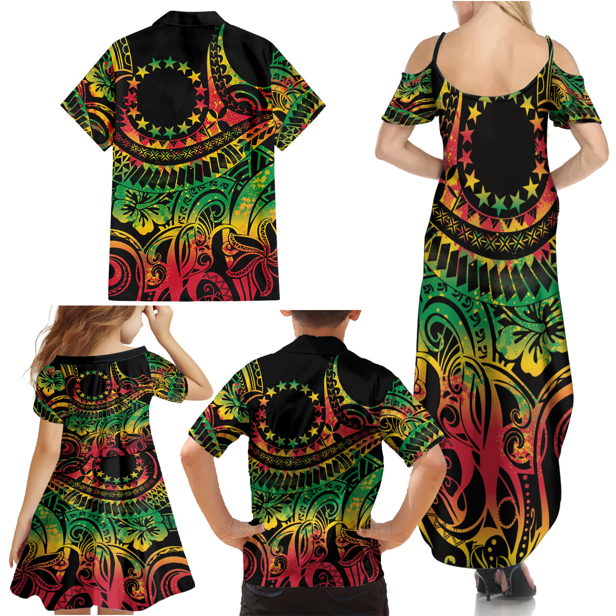 Cook Islands 15 Stars Family Matching Summer Maxi Dress and Hawaiian Shirt Kuki Airani Polynesian Tribal Wave Tattoo LT9 - Polynesian Pride