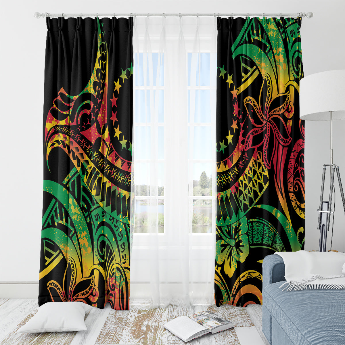 Cook Islands 15 Stars Window Curtain Kuki Airani Polynesian Tribal Wave Tattoo