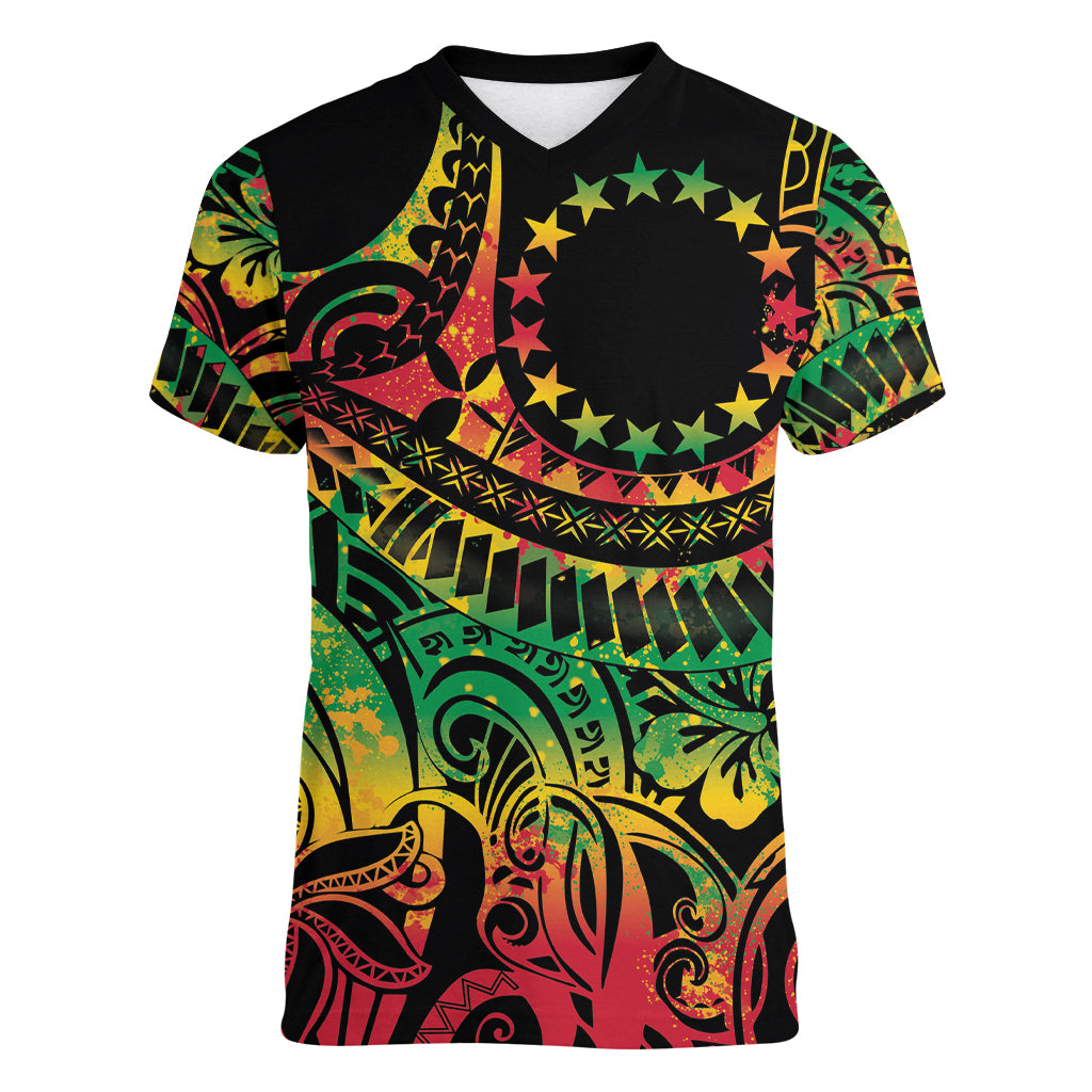 Cook Islands 15 Stars Women V-Neck T-Shirt Kuki Airani Polynesian Tribal Wave Tattoo