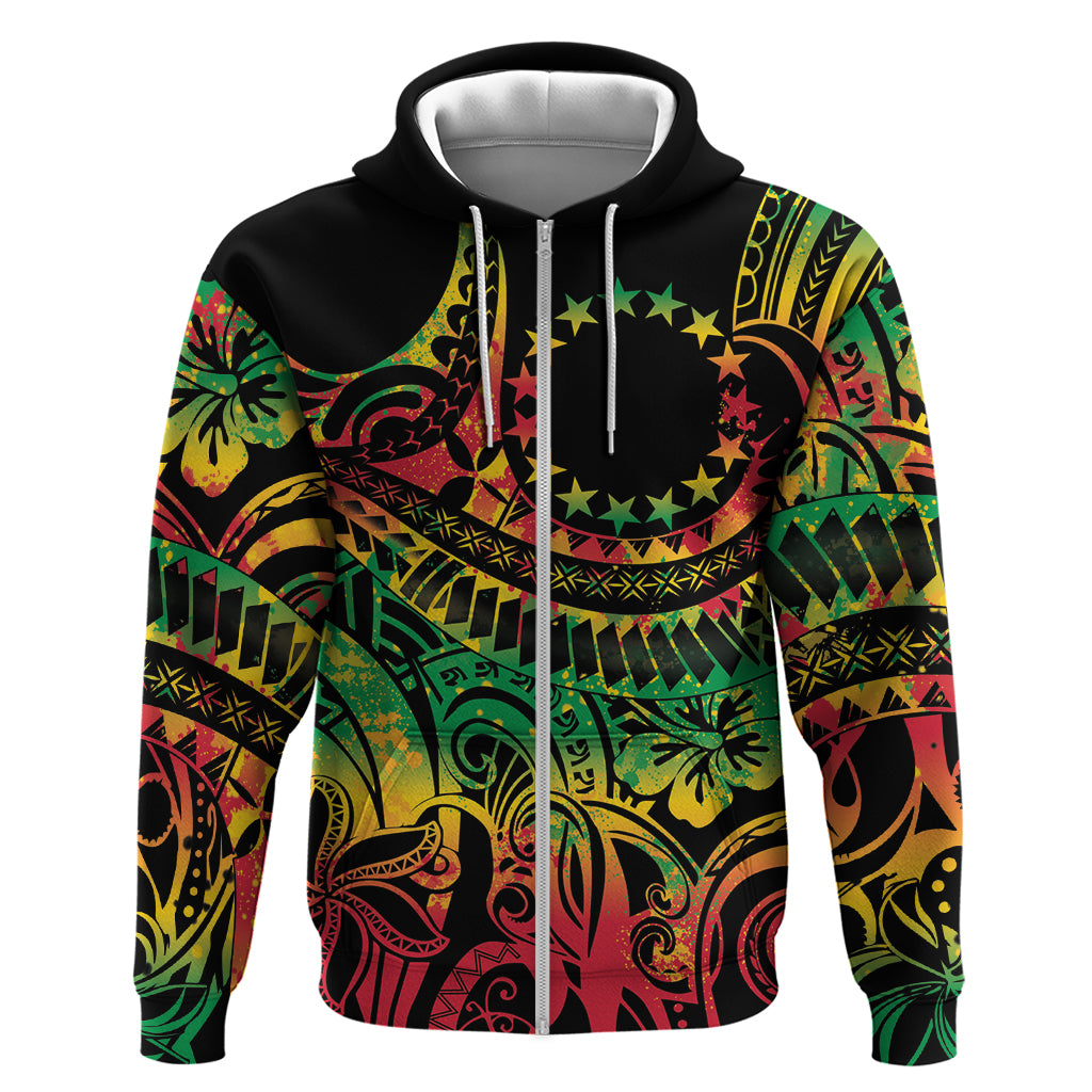Cook Islands 15 Stars Zip Hoodie Kuki Airani Polynesian Tribal Wave Tattoo