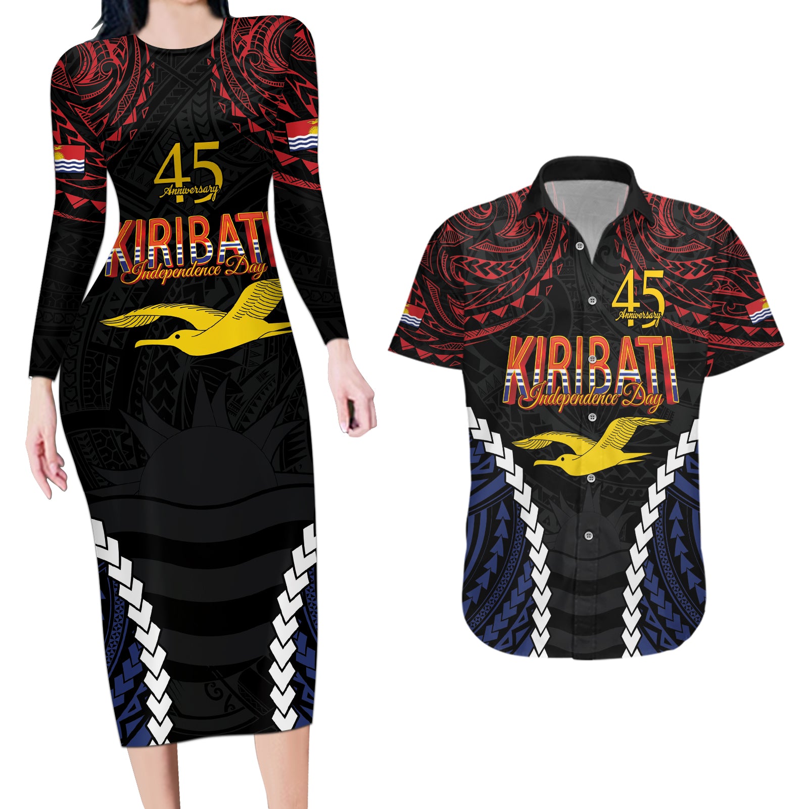 Kiribati 45th Anniversary Independence Day Couples Matching Long Sleeve Bodycon Dress and Hawaiian Shirt Since 1979