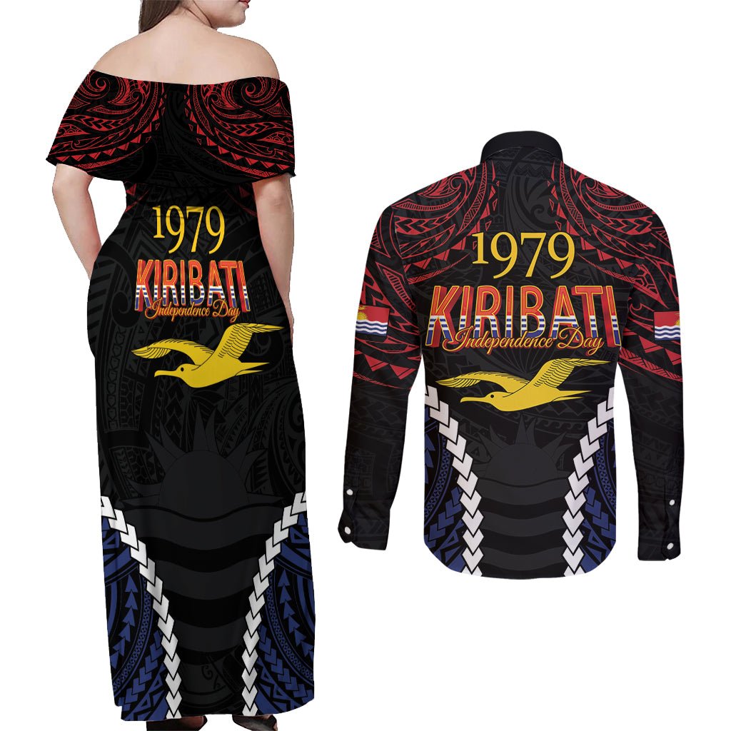 Kiribati 45th Anniversary Independence Day Couples Matching Off Shoulder Maxi Dress and Long Sleeve Button Shirt Since 1979