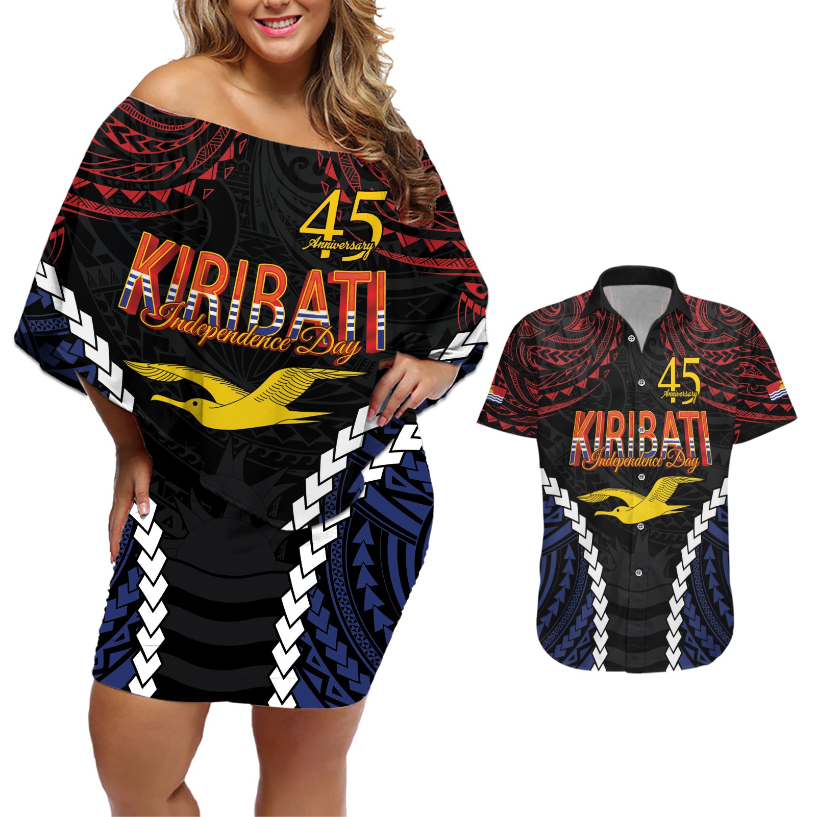 Kiribati 45th Anniversary Independence Day Couples Matching Off Shoulder Short Dress and Hawaiian Shirt Since 1979