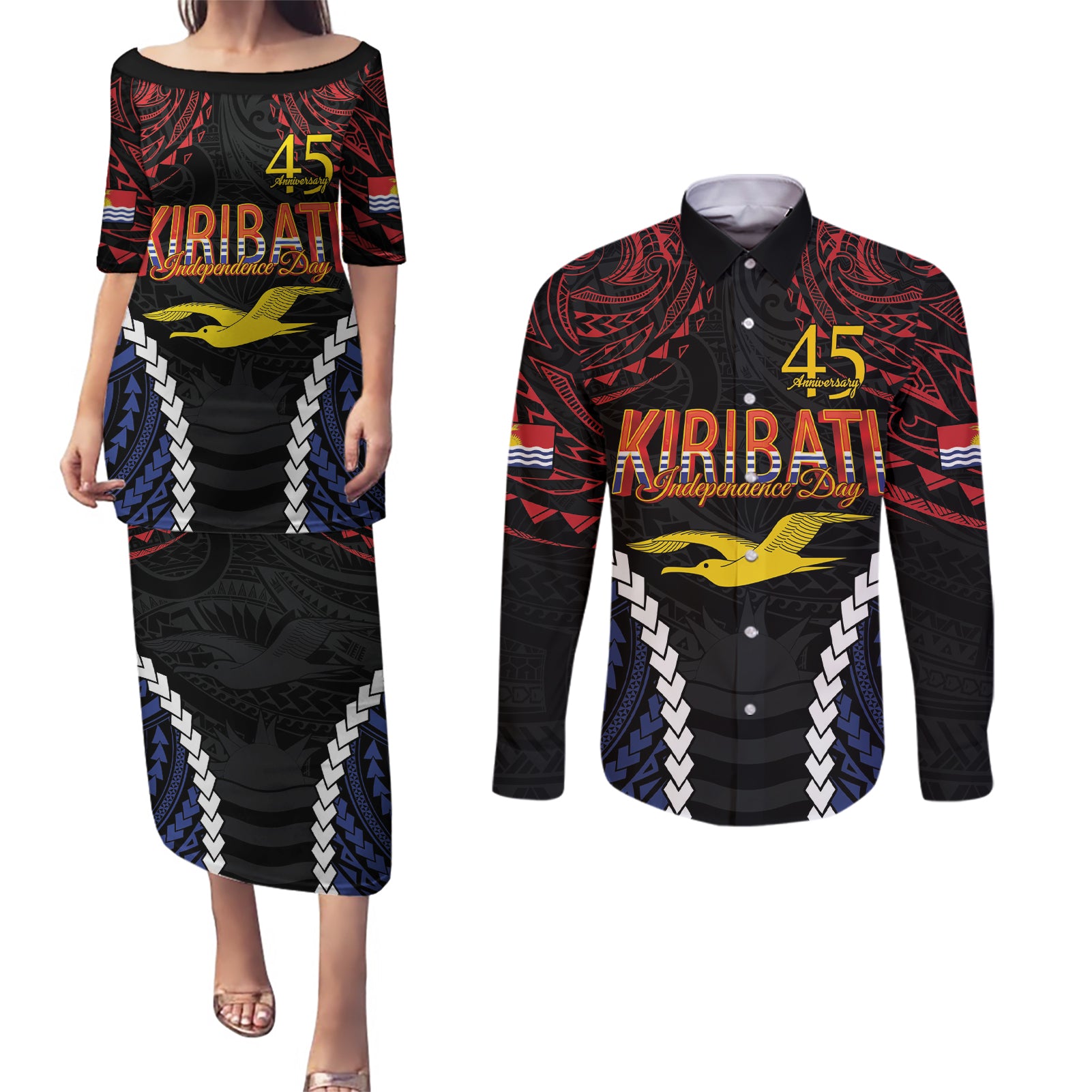 Kiribati 45th Anniversary Independence Day Couples Matching Puletasi and Long Sleeve Button Shirt Since 1979