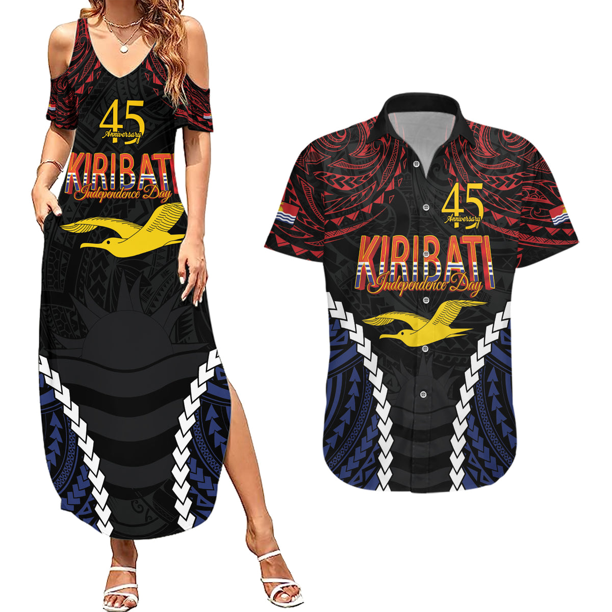 Kiribati 45th Anniversary Independence Day Couples Matching Summer Maxi Dress and Hawaiian Shirt Since 1979