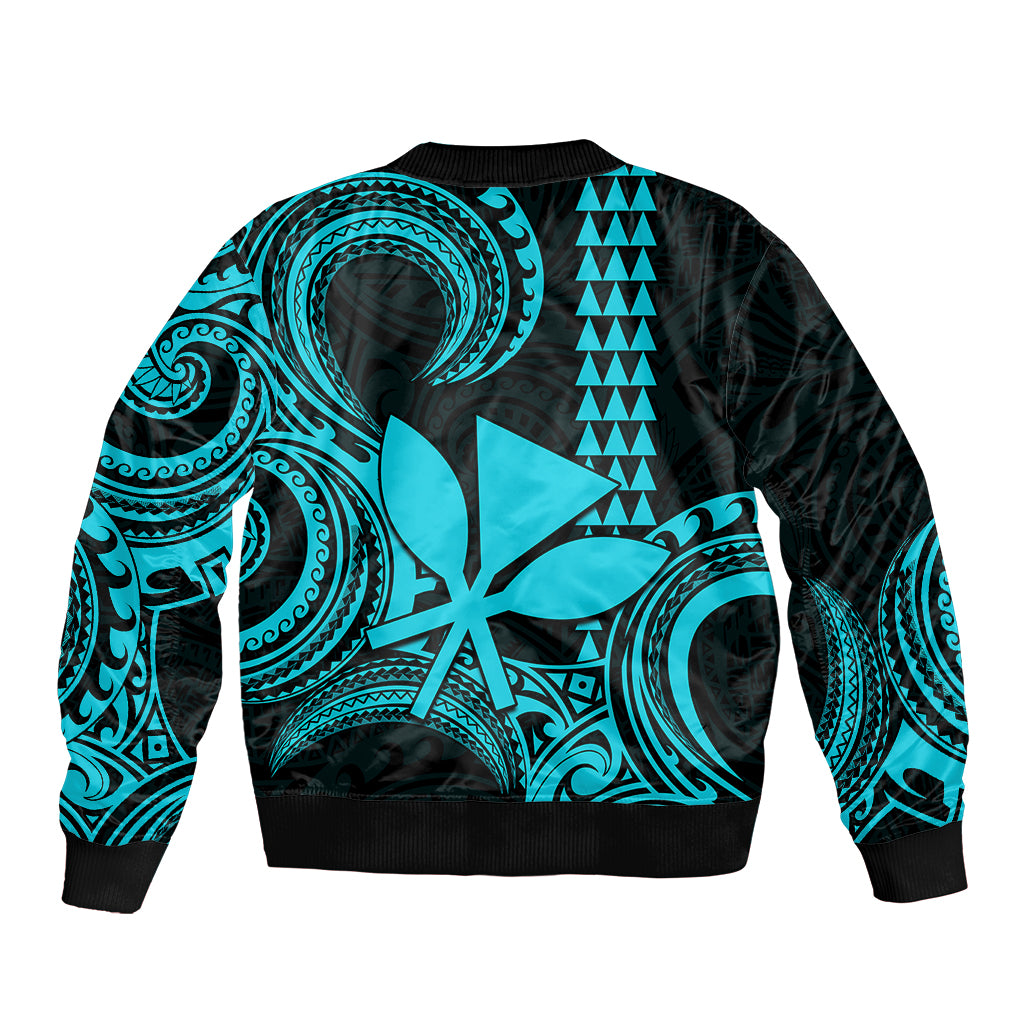 Custom King Kamehameha Day Hawaii Bomber Jacket Paradise of the Pacific Tribal Kakau - Aqua LT9 - Polynesian Pride