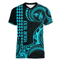 Custom King Kamehameha Day Hawaii Women V Neck T Shirt Paradise of the Pacific Tribal Kakau - Aqua LT9 Female Aqua - Polynesian Pride