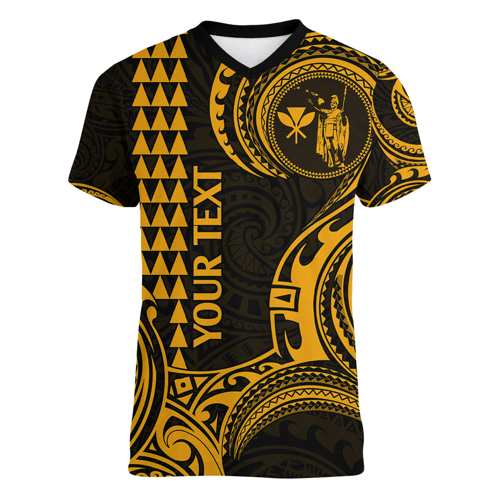 Custom King Kamehameha Day Hawaii Women V Neck T Shirt Paradise of the Pacific Tribal Kakau - Gold LT9 Female Gold - Polynesian Pride