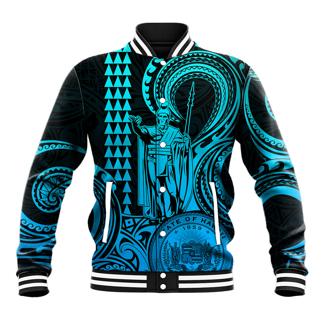 King Kamehameha Day Hawaii Baseball Jacket Paradise of the Pacific Tribal Kakau with Kanaka Maoli - Turquoise LT9 Unisex Aqua - Polynesian Pride