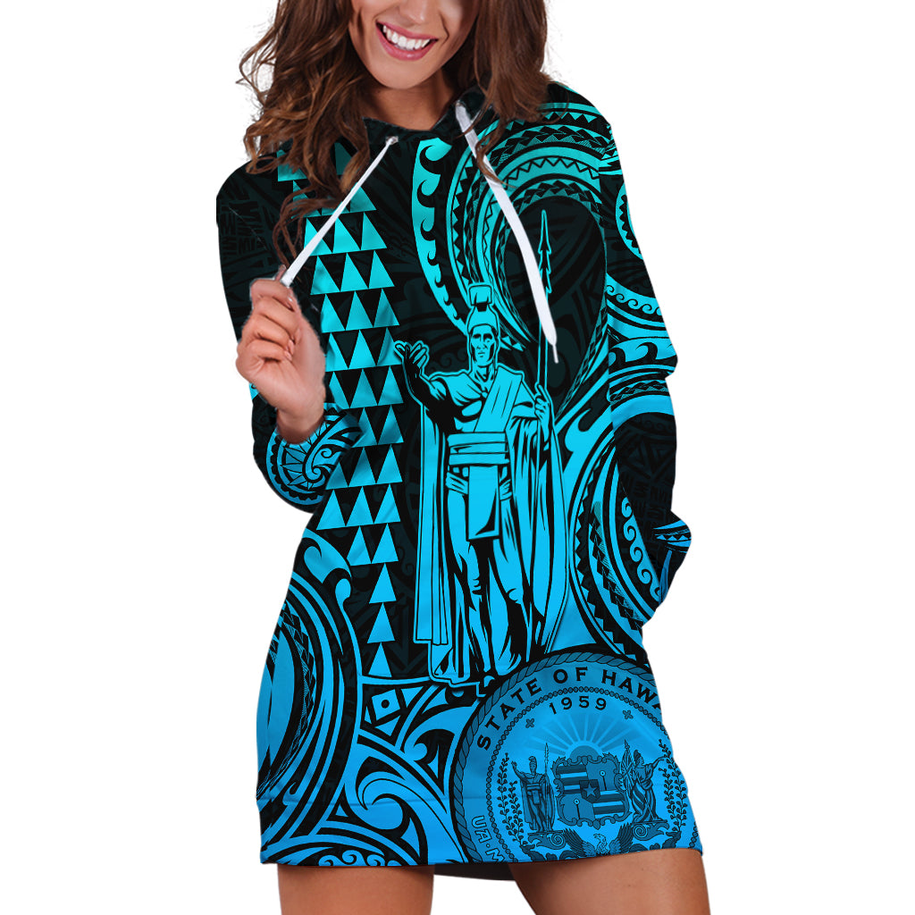 King Kamehameha Day Hawaii Hoodie Dress Paradise of the Pacific Tribal Kakau with Kanaka Maoli - Aqua LT9 Aqua - Polynesian Pride