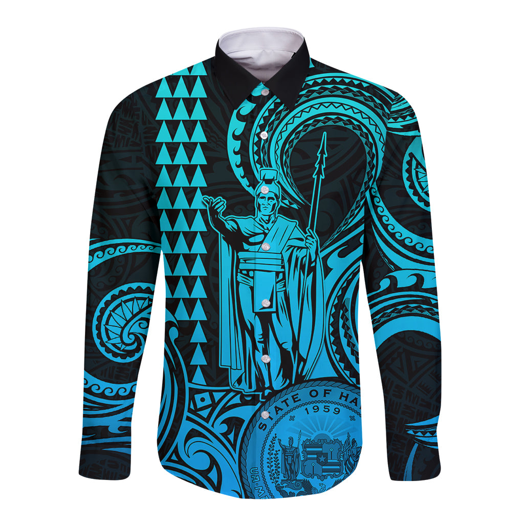 King Kamehameha Day Hawaii Long Sleeve Button Shirt Paradise of the Pacific Tribal Kakau with Kanaka Maoli - Aqua LT9 Unisex Aqua - Polynesian Pride