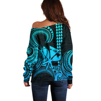 King Kamehameha Day Hawaii Off Shoulder Sweater Paradise of the Pacific Tribal Kakau with Kanaka Maoli - Aqua LT9 - Polynesian Pride