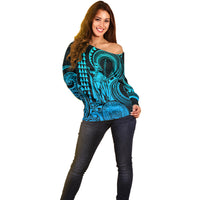 King Kamehameha Day Hawaii Off Shoulder Sweater Paradise of the Pacific Tribal Kakau with Kanaka Maoli - Aqua LT9 - Polynesian Pride
