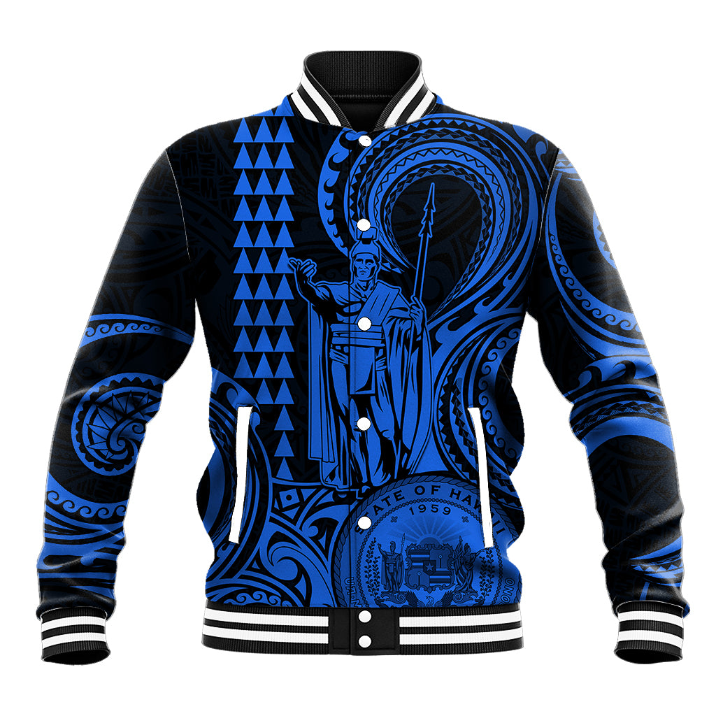 King Kamehameha Day Hawaii Baseball Jacket Paradise of the Pacific Tribal Kakau with Kanaka Maoli - Blue LT9 Unisex Blue - Polynesian Pride