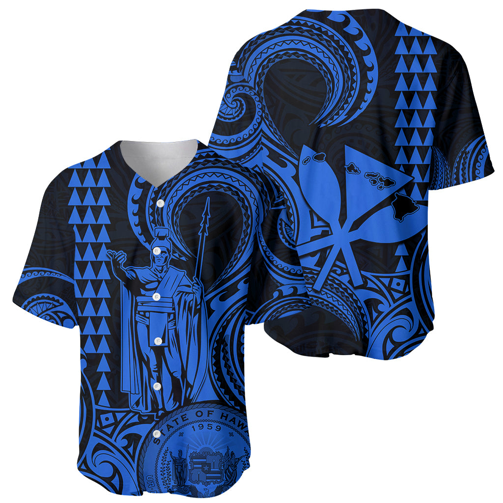 King Kamehameha Day Hawaii Baseball Jersey Paradise of the Pacific Tribal Kakau with Kanaka Maoli - Blue LT9 - Polynesian Pride