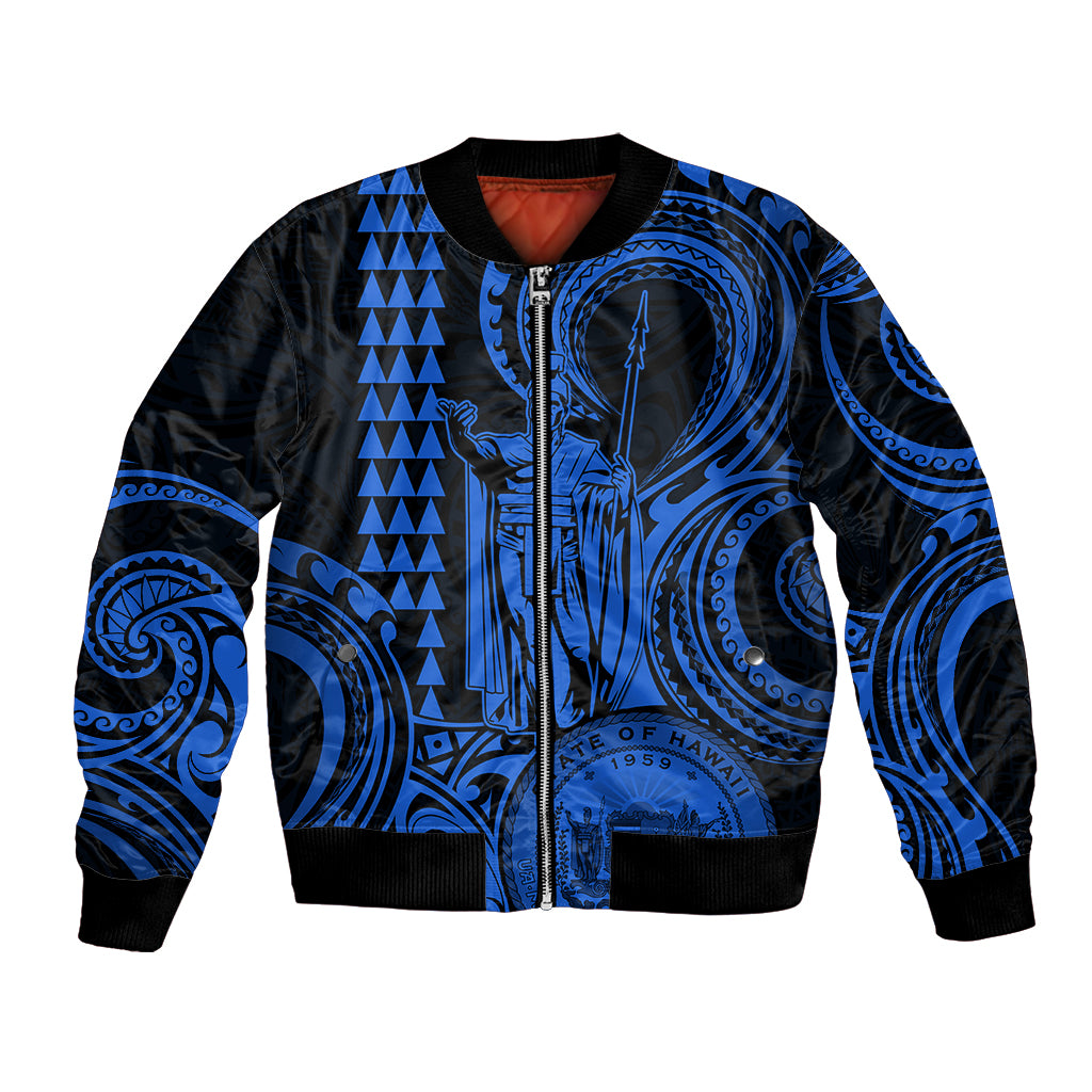 King Kamehameha Day Hawaii Bomber Jacket Paradise of the Pacific Tribal Kakau with Kanaka Maoli - Blue LT9 Unisex Blue - Polynesian Pride