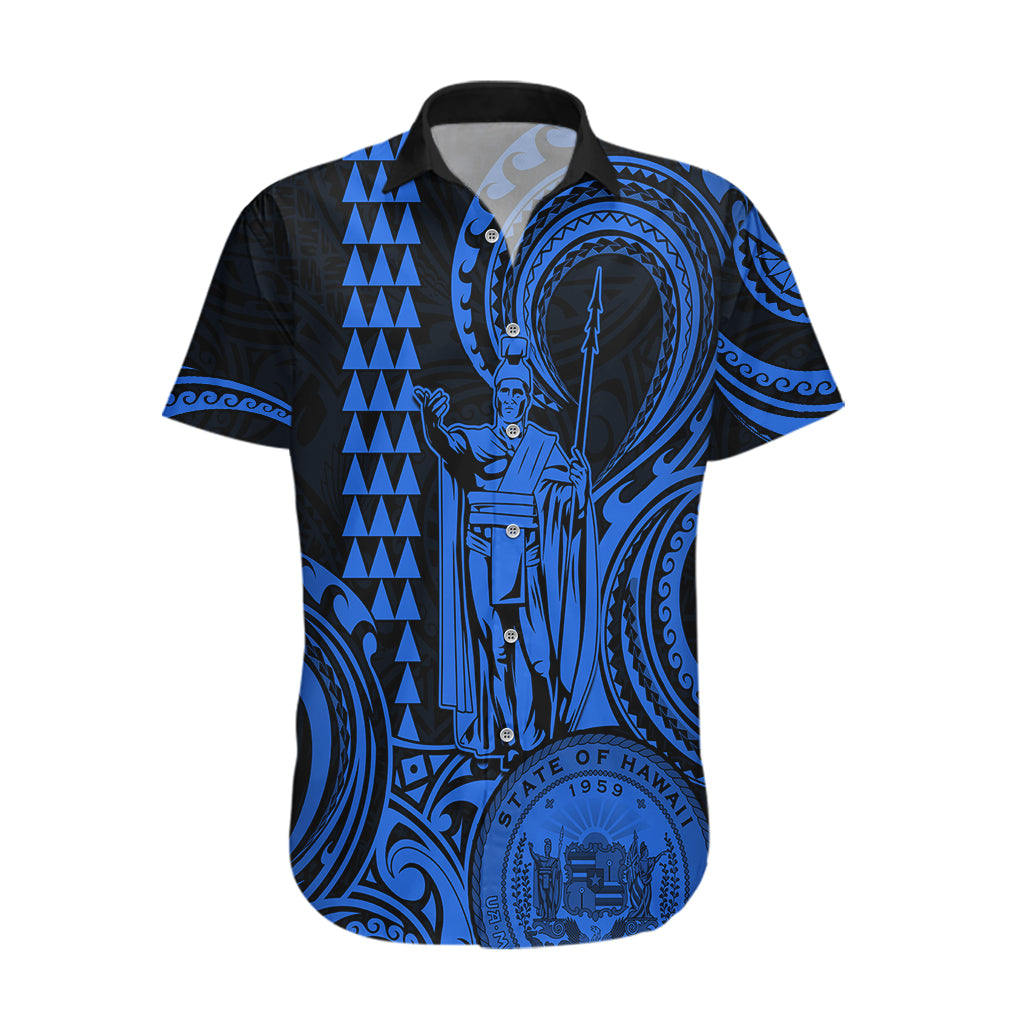 King Kamehameha Day Hawaii Hawaiian Shirt Paradise of the Pacific Tribal Kakau with Kanaka Maoli - Blue LT9 Blue - Polynesian Pride