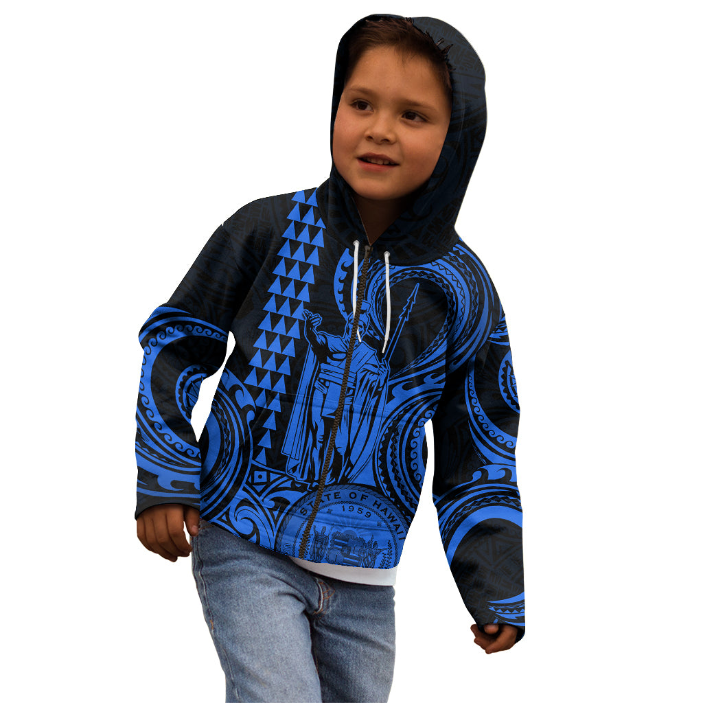 King Kamehameha Day Hawaii Kid Hoodie Paradise of the Pacific Tribal Kakau with Kanaka Maoli - Blue LT9 - Polynesian Pride