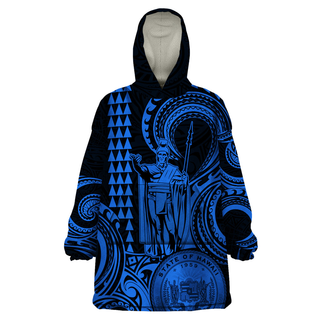 King Kamehameha Day Hawaii Wearable Blanket Hoodie Paradise of the Pacific Tribal Kakau with Kanaka Maoli - Blue LT9 One Size Blue - Polynesian Pride