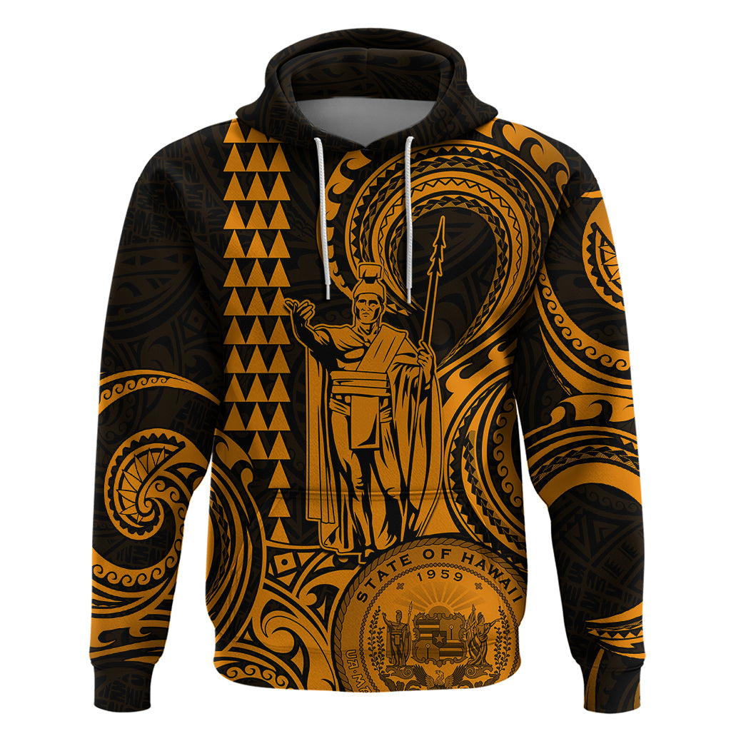 King Kamehameha Day Hawaii Hoodie Paradise of the Pacific Tribal Kakau with Kanaka Maoli Gold LT9 Gold - Polynesian Pride