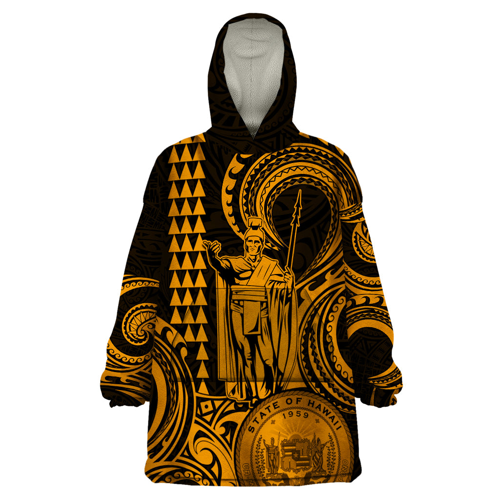 King Kamehameha Day Hawaii Wearable Blanket Hoodie Paradise of the Pacific Tribal Kakau with Kanaka Maoli - Gold LT9 One Size Gold - Polynesian Pride