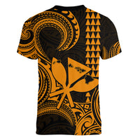 King Kamehameha Day Hawaii Women V Neck T Shirt Paradise of the Pacific Tribal Kakau with Kanaka Maoli - Gold LT9 - Polynesian Pride