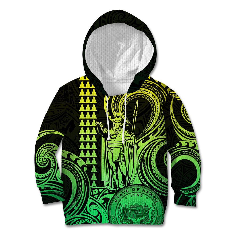 King Kamehameha Day Hawaii Kid Hoodie Paradise of the Pacific Tribal Kakau with Kanaka Maoli - Lime LT9 Lime - Polynesian Pride