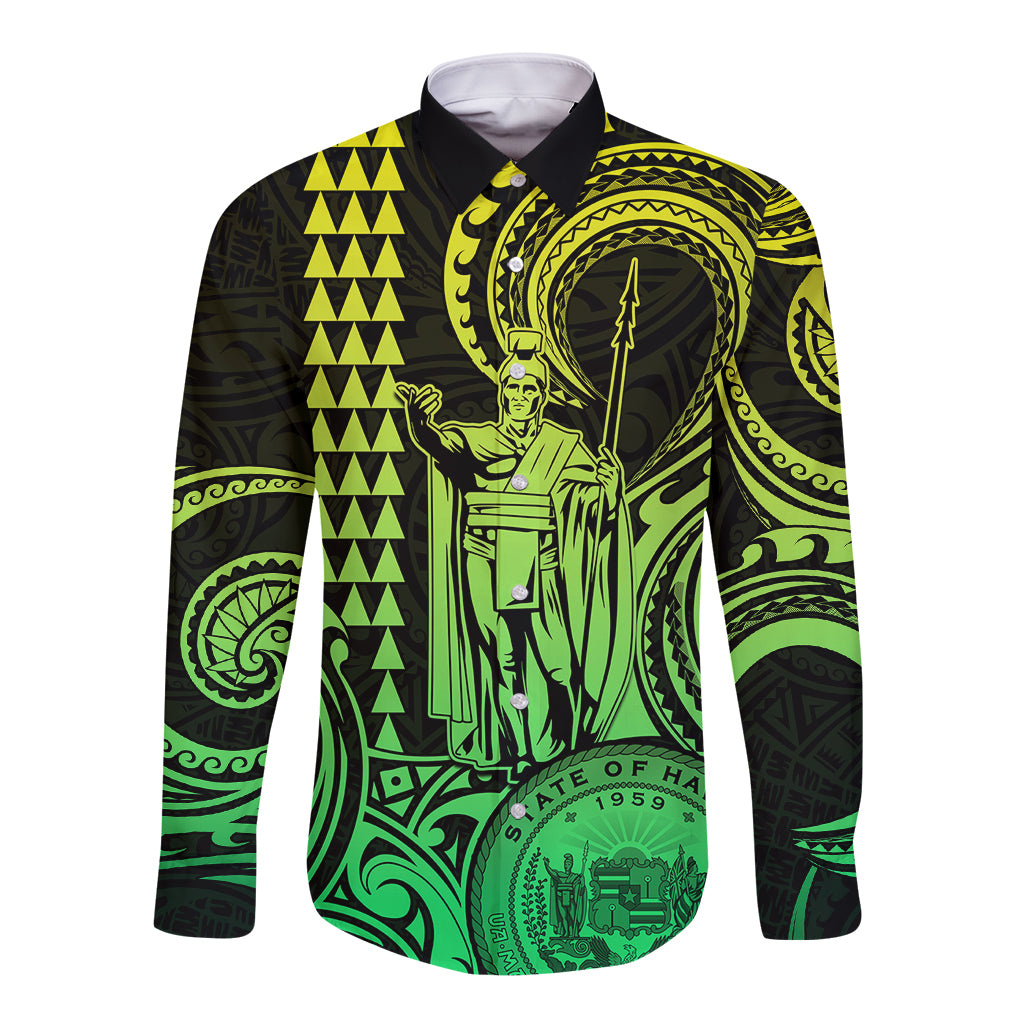 King Kamehameha Day Hawaii Long Sleeve Button Shirt Paradise of the Pacific Tribal Kakau with Kanaka Maoli - Lime LT9 Unisex Lime - Polynesian Pride
