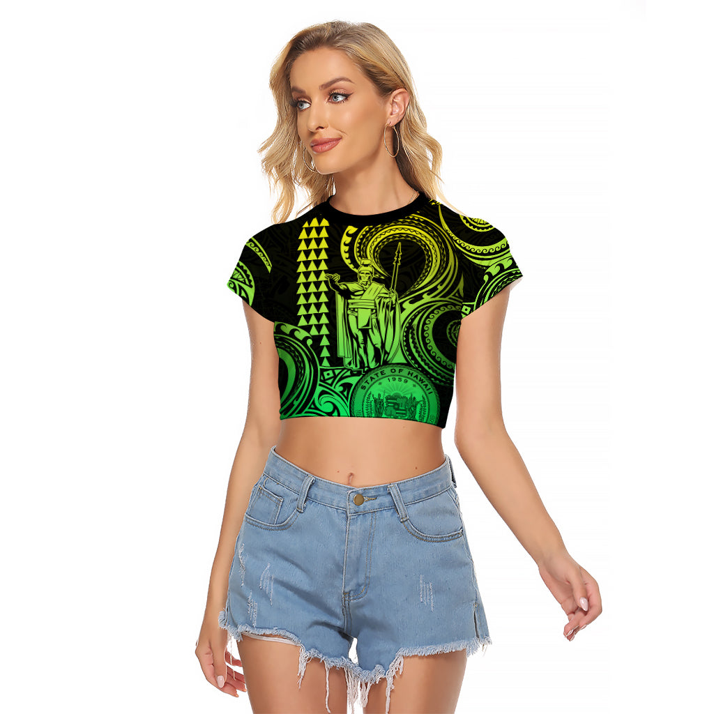 King Kamehameha Day Hawaii Raglan Cropped T Shirt Paradise of the Pacific Tribal Kakau with Kanaka Maoli - Lime LT9 Female Lime - Polynesian Pride