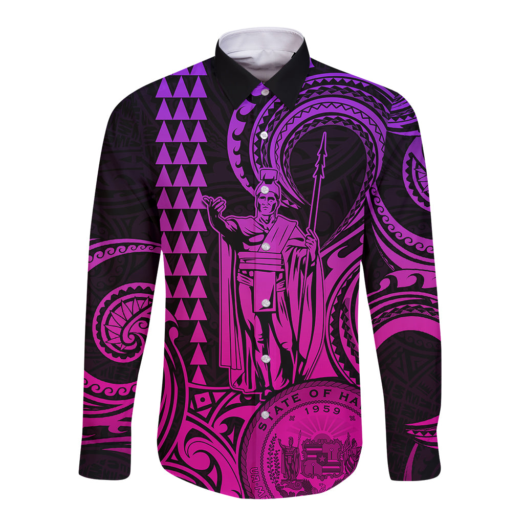 King Kamehameha Day Hawaii Long Sleeve Button Shirt Paradise of the Pacific Tribal Kakau with Kanaka Maoli - Pink Gradient LT9 Unisex Pink Gradient - Polynesian Pride