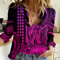 King Kamehameha Day Hawaii Women Casual Shirt Paradise of the Pacific Tribal Kakau with Kanaka Maoli - Pink Gradient LT9 Female Pink Gradient - Polynesian Pride