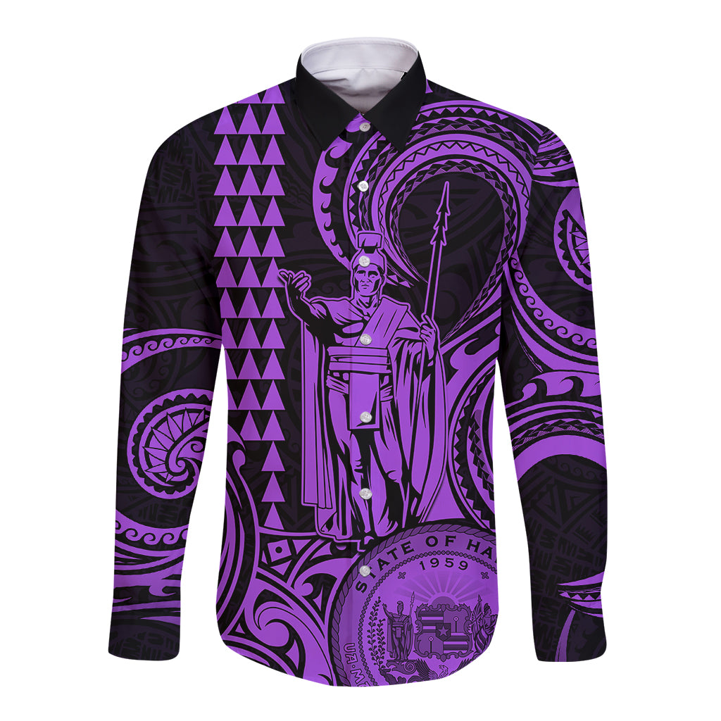 King Kamehameha Day Hawaii Long Sleeve Button Shirt Paradise of the Pacific Tribal Kakau with Kanaka Maoli - Purple LT9 Unisex Purple - Polynesian Pride