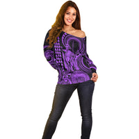 King Kamehameha Day Hawaii Off Shoulder Sweater Paradise of the Pacific Tribal Kakau with Kanaka Maoli - Purple LT9 - Polynesian Pride