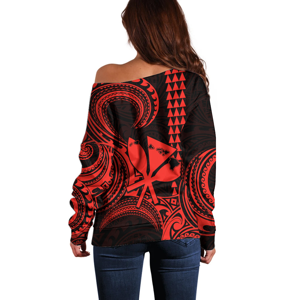 King Kamehameha Day Hawaii Off Shoulder Sweater Paradise of the Pacific Tribal Kakau with Kanaka Maoli - Red LT9 - Polynesian Pride
