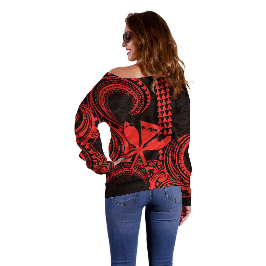 King Kamehameha Day Hawaii Off Shoulder Sweater Paradise of the Pacific Tribal Kakau with Kanaka Maoli - Red LT9 - Polynesian Pride