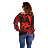 King Kamehameha Day Hawaii Off Shoulder Sweater Paradise of the Pacific Tribal Kakau with Kanaka Maoli - Red LT9 - Polynesian Pride