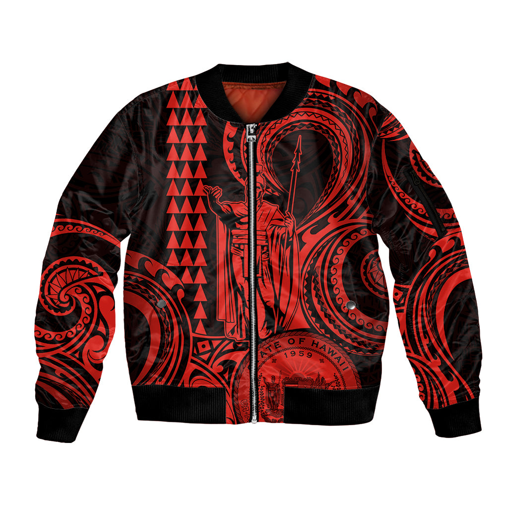King Kamehameha Day Hawaii Sleeve Zip Bomber Jacket Paradise of the Pacific Tribal Kakau with Kanaka Maoli - Red LT9 Unisex Red - Polynesian Pride