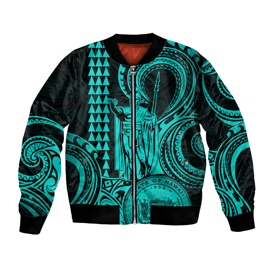 King Kamehameha Day Hawaii Bomber Jacket Paradise of the Pacific Tribal Kakau with Kanaka Maoli - Turquoise LT9 Unisex Turquoise - Polynesian Pride
