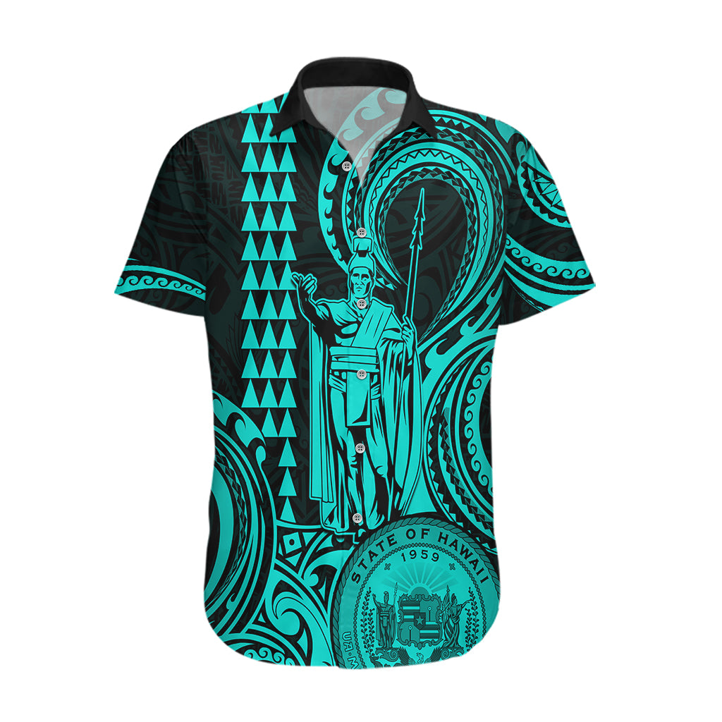 King Kamehameha Day Hawaii Hawaiian Shirt Paradise of the Pacific Tribal Kakau with Kanaka Maoli - Turquoise LT9 Turquoise - Polynesian Pride